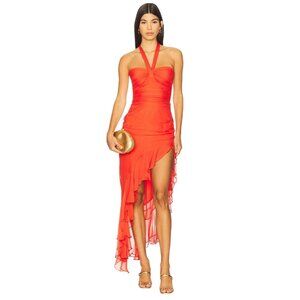 Amanda Uprichard Marabou Dress in Blood Orange Large New Womens Asymmetric